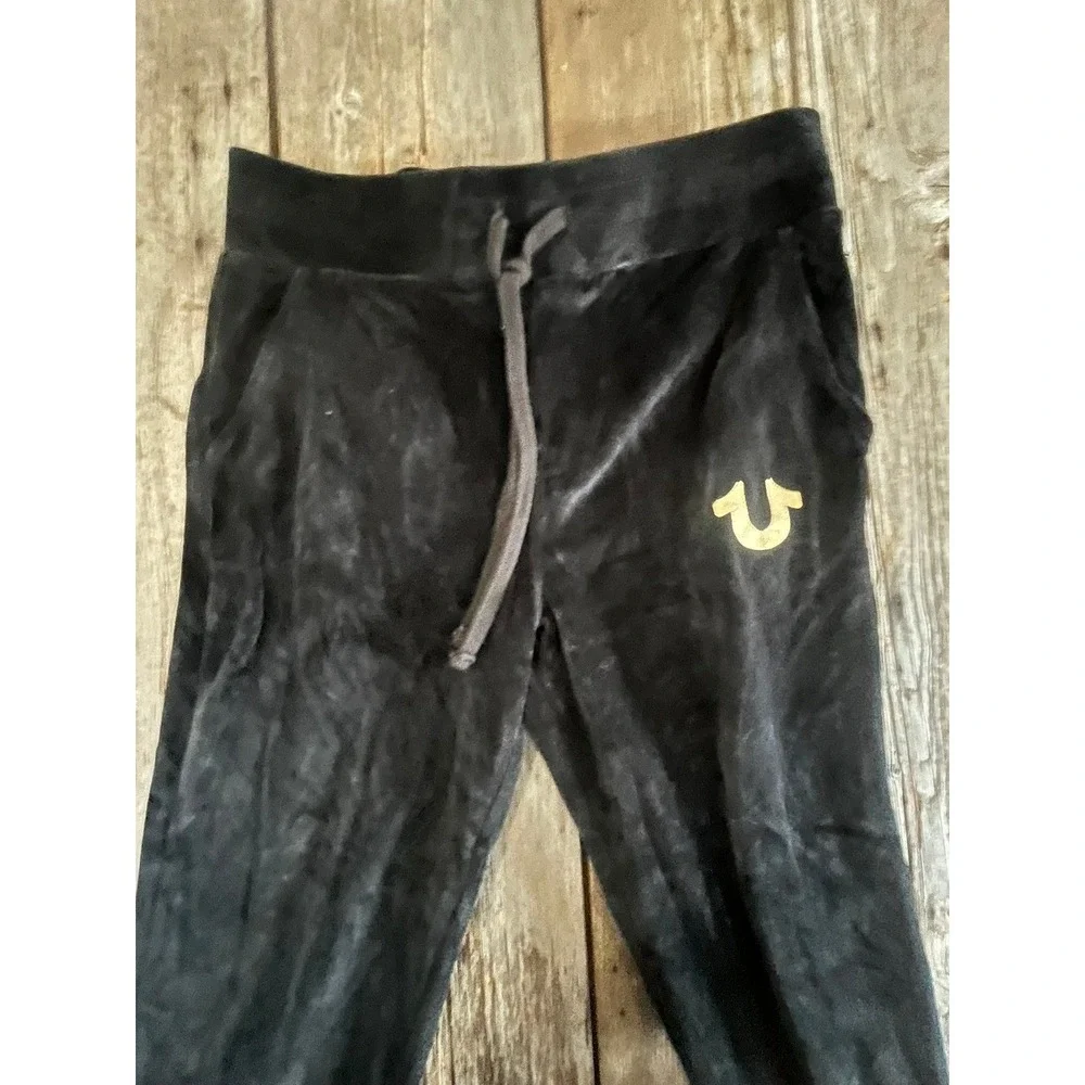 True Religion Mens Velour Jogger Sweatpants Black Gold Horseshoe Logo 101383 S